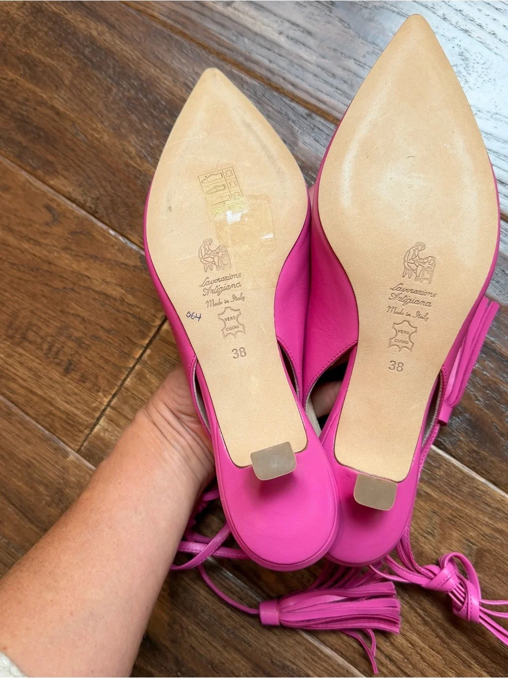 Proserpine Pink Leather Tassel Lace-Up Kitten Heel Slingback Shoes Sz 38 / US 7.